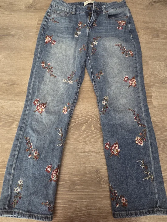 Cato Blue Denim Jeans with Red & Cream Floral Embroidery - Picture 1 of 8